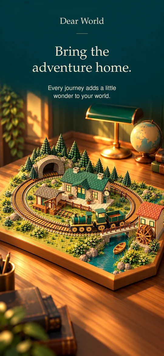 Bring the adventure home. The woodland layout on a warm wooden desk.