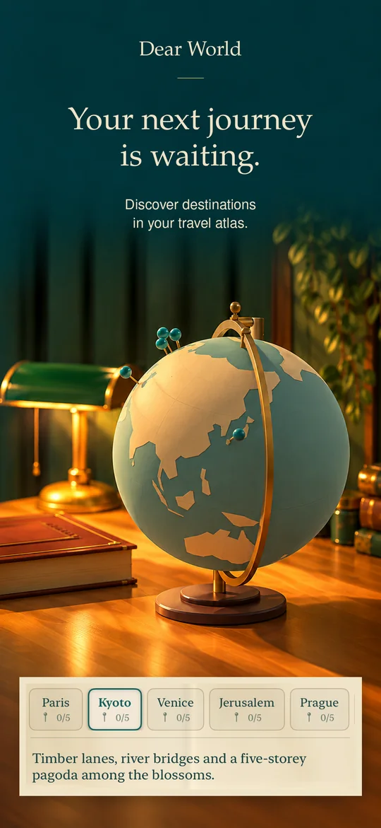 Your next journey is waiting. The desk globe and the destination atlas.