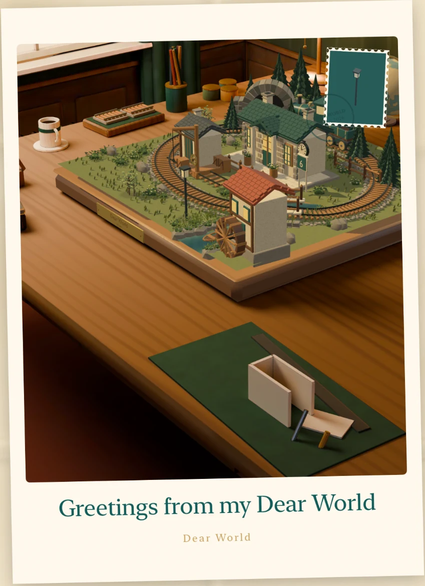 An in-game postcard reading Greetings from my Dear World, with a photograph of the station and the watermill.