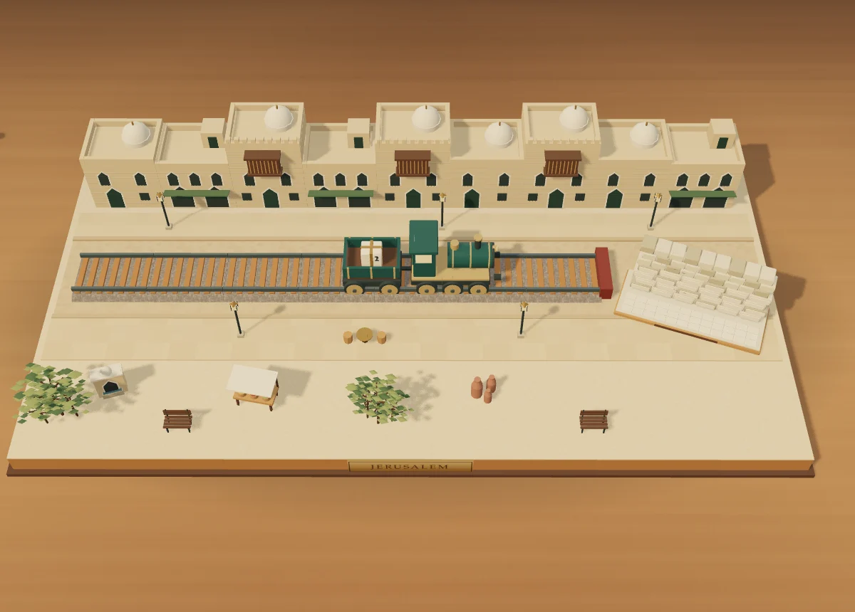 The Jerusalem board: honey limestone houses with domes, the line, the spice stall and oil jars, and the Kotel on its plinth.