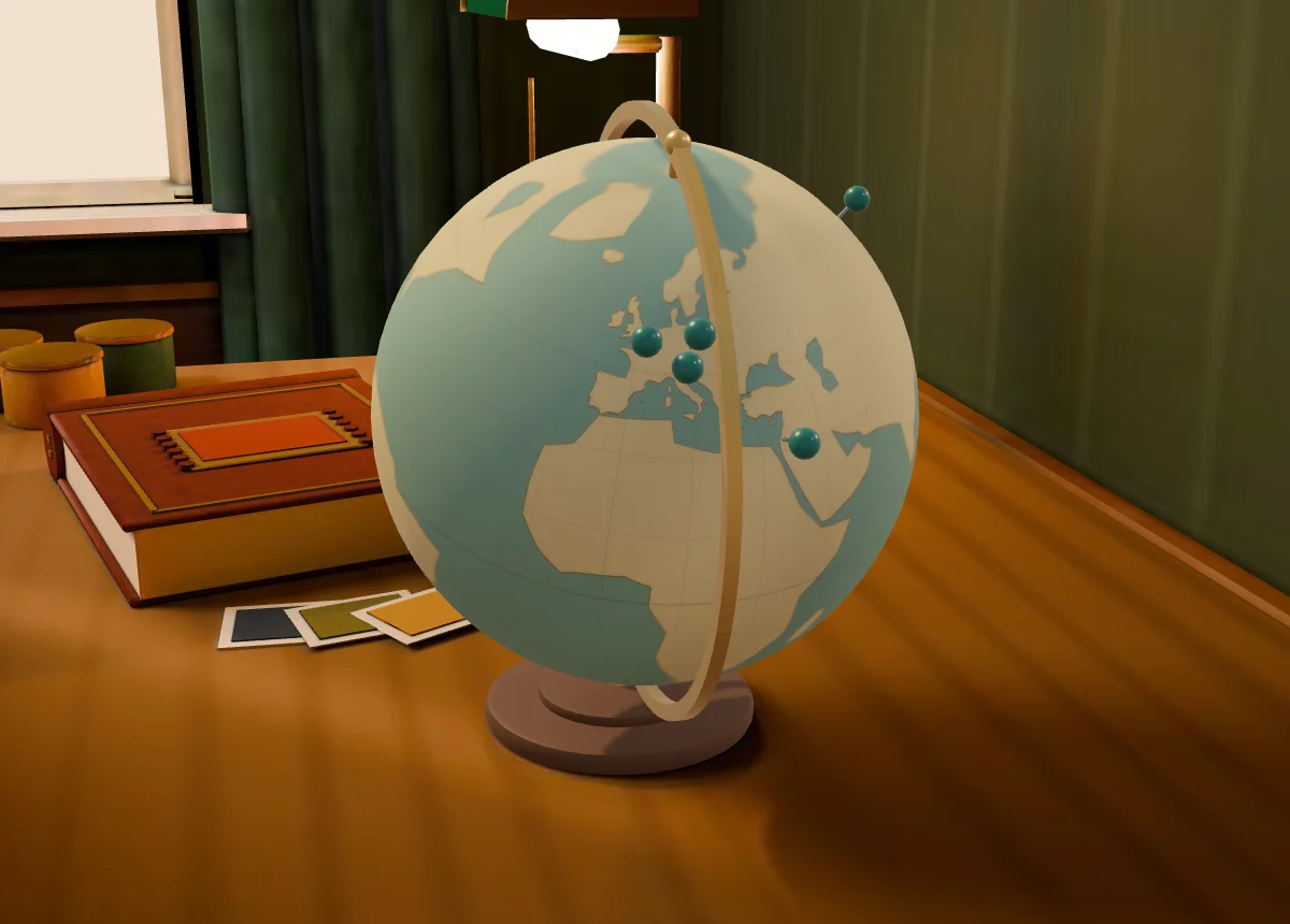 The desk globe on the oak desk, its city pins in teal enamel.