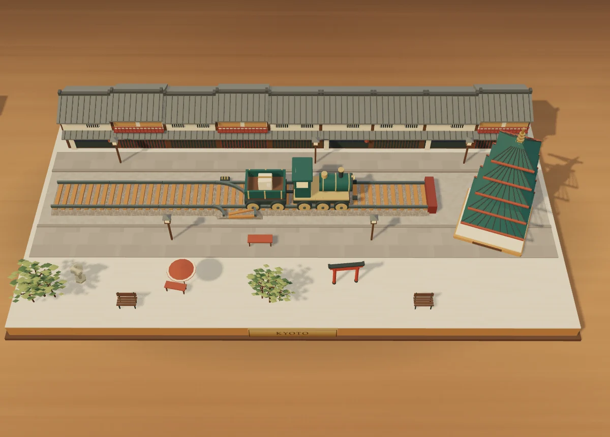 The Kyoto board: machiya under tiled eaves, the line with its sprung points, a red parasol and a torii, and the pagoda on its plinth.