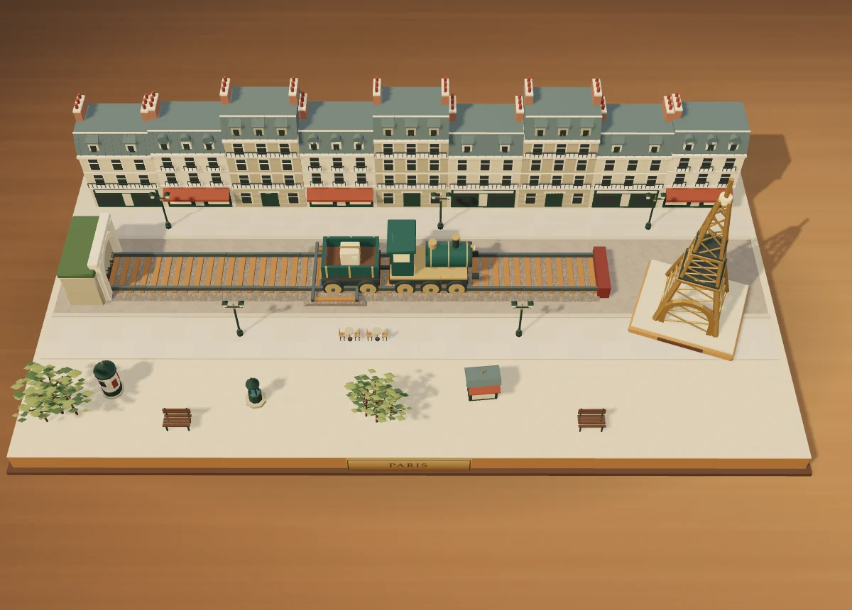 The Paris board: limestone terraces under zinc roofs, the line with its diamond crossing and tunnel mouth, the train, and the Eiffel Tower on its plinth.
