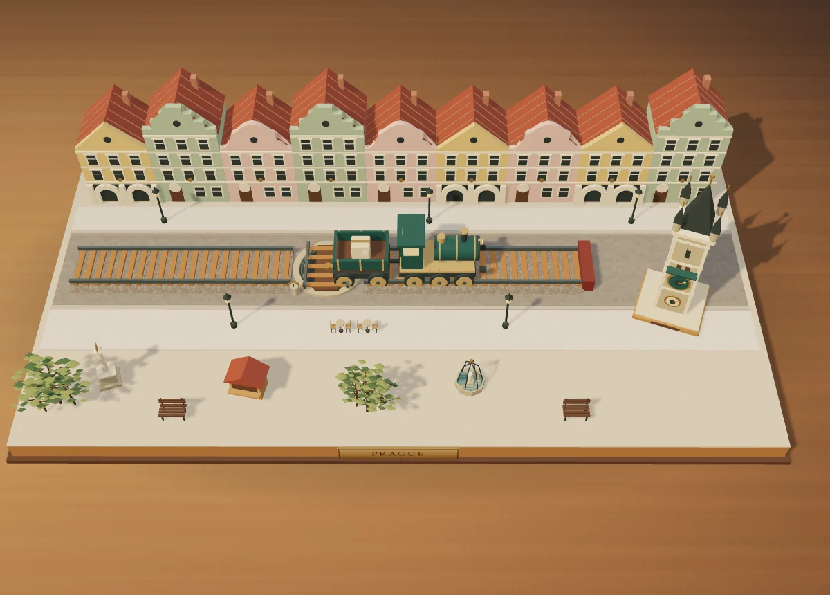 The Prague board: rose, yellow and mint gabled houses under red roofs, the line with its clock turntable, and the Orloj on its plinth.
