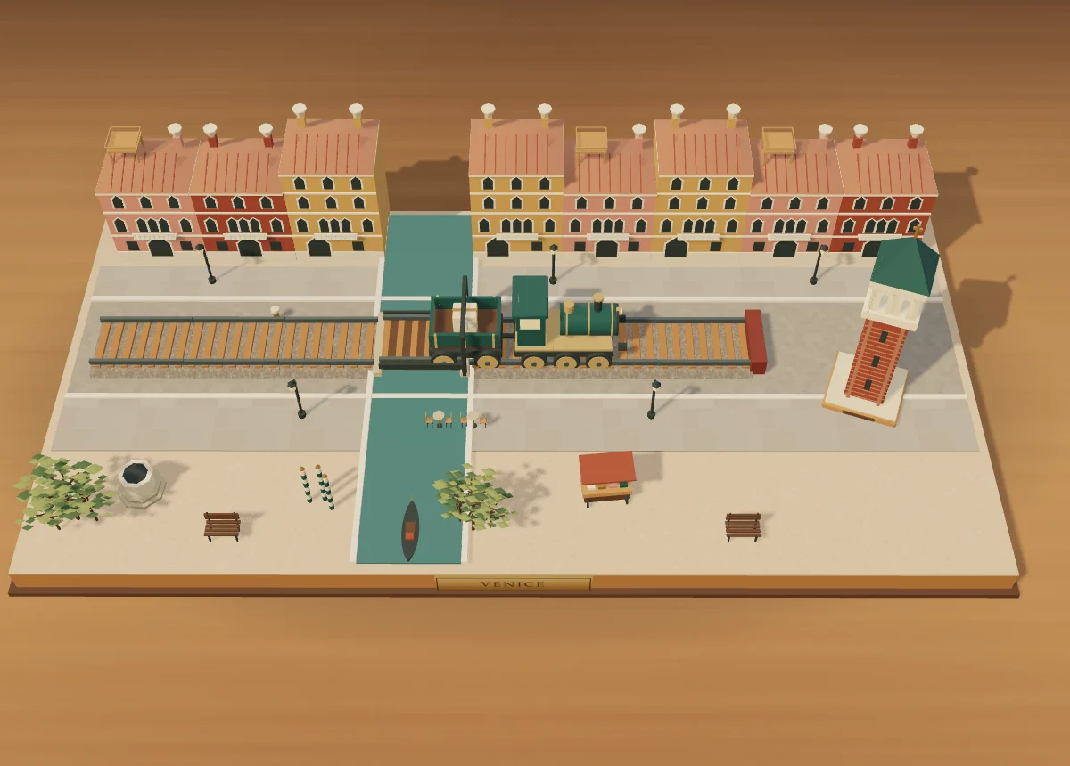 The Venice board: palazzi in terracotta, ochre and rose, a canal crossed by a drawbridge, a gondola, and St Mark’s campanile on its plinth.