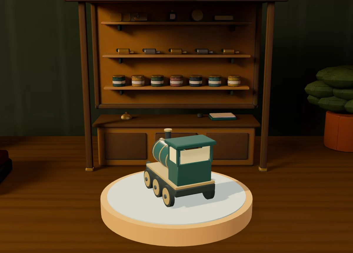The Dear World Shop: a cabinet of paint tins and fittings, and the engine on its turntable podium.